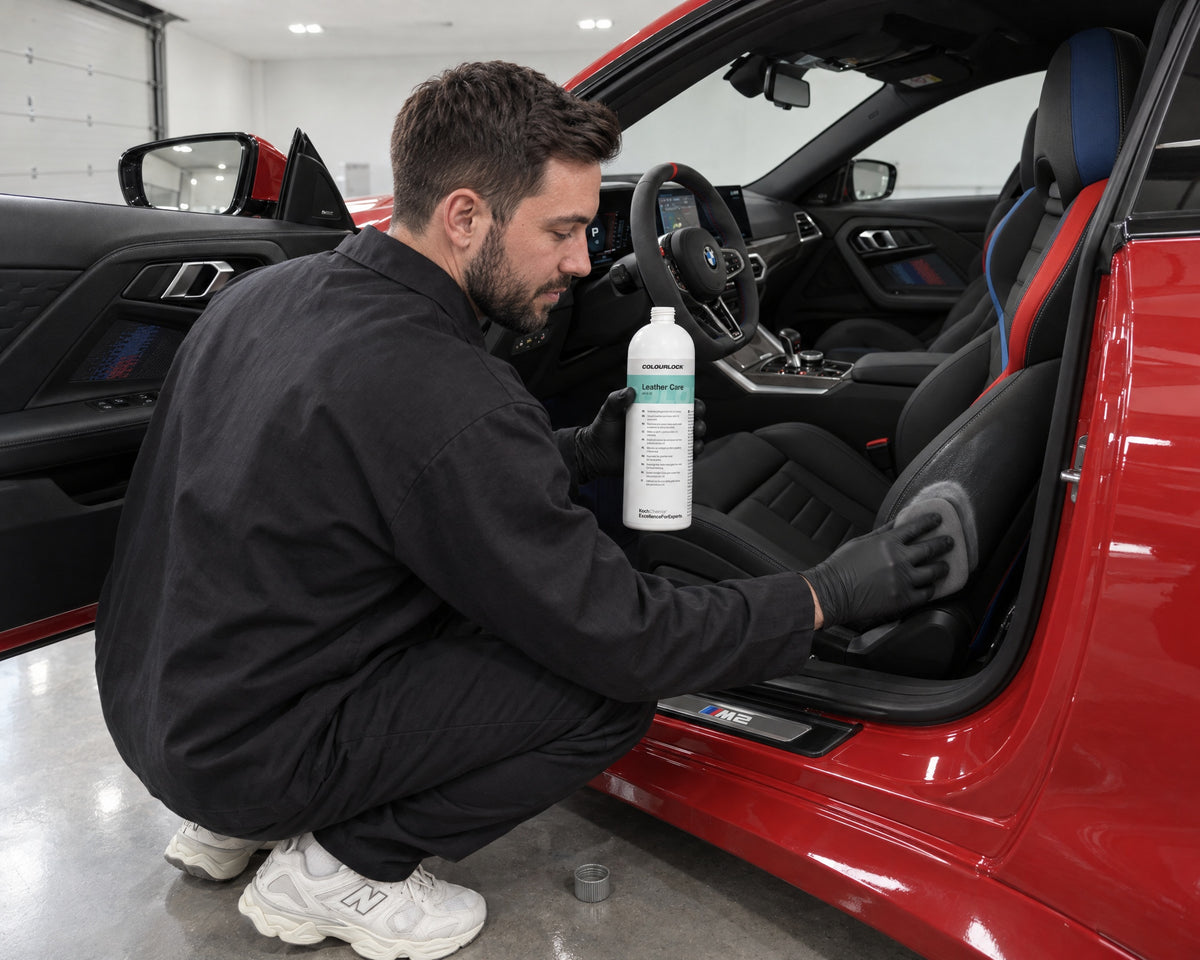 Detailing1 Hero: Lederpflege — COLOURLOCK Leather Care pflegt pigmentiertes Glattleder am BMW M2 Sitz (Desktop)
