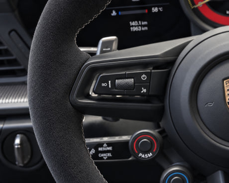 Detailing1 Result — cleaned, dry-brushed Race-Tex steering wheel rim, evenly matte and velvety