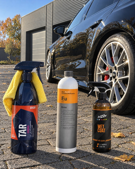 Detailing1 set contro la resina, GYEON Q²M Tar, Koch-Chemie Eulex "Eu" e ZviZZer Wet Coat davanti all'Audi RS 5