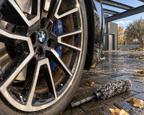 THE COLLECTION Flex Brush, spazzola in microfibra, su asfalto bagnato davanti al cerchio impolverato di una BMW M5 nera