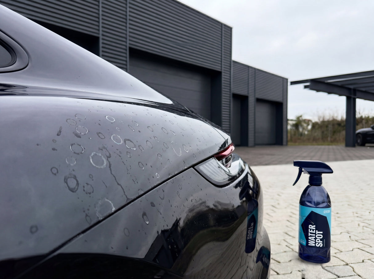 GYEON Q²M WaterSpot Kalkflecken auf schwarzem Porsche-Lack vor Detailing1 Werkstatt