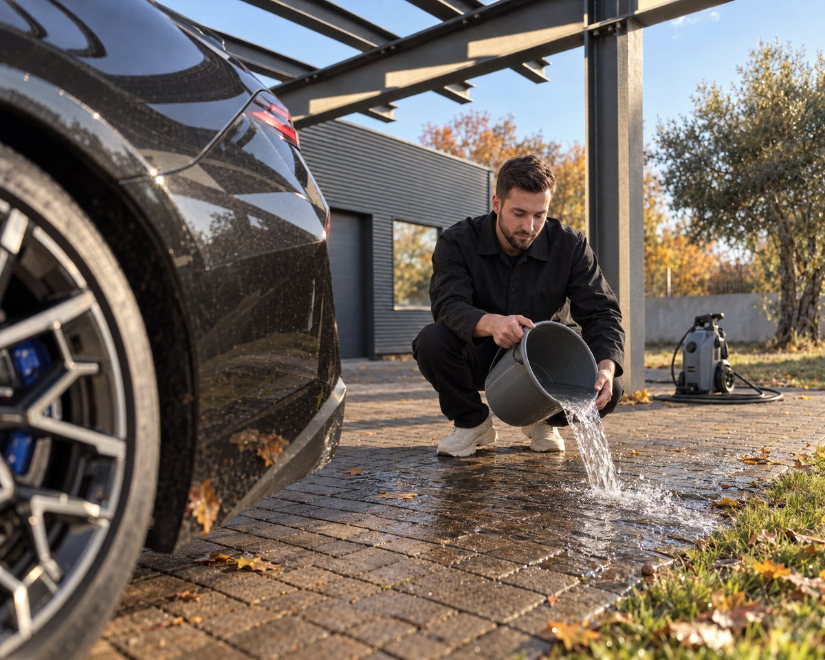 Detailing1 lavare l'auto a casa — Daniel versa acqua sul pavé del carport accanto alla BMW M5 e guarda dove scorre