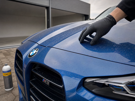 Pollen-Film auf einem mid-blauen BMW M3 vor der Waesche mit Pflege-Shampoo. Aus dem Artikel 'Autoshampoo mit Versiegelung: Booster, kein Wachs-Ersatz'.