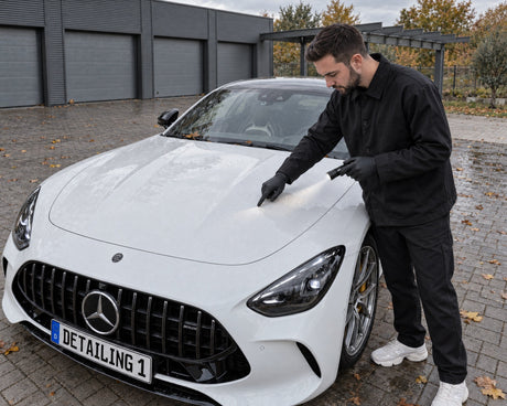 Detailing1 macchie d'acqua secche su Mercedes-AMG GT 63 bianca, Daniel controlla il calcare con torcia e unghia