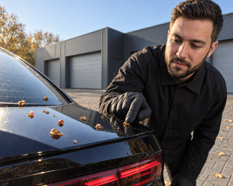 Detailing1 dried-on tree sap on a black Audi RS 5 — Daniel checks the hardened sap drops on the boot lid