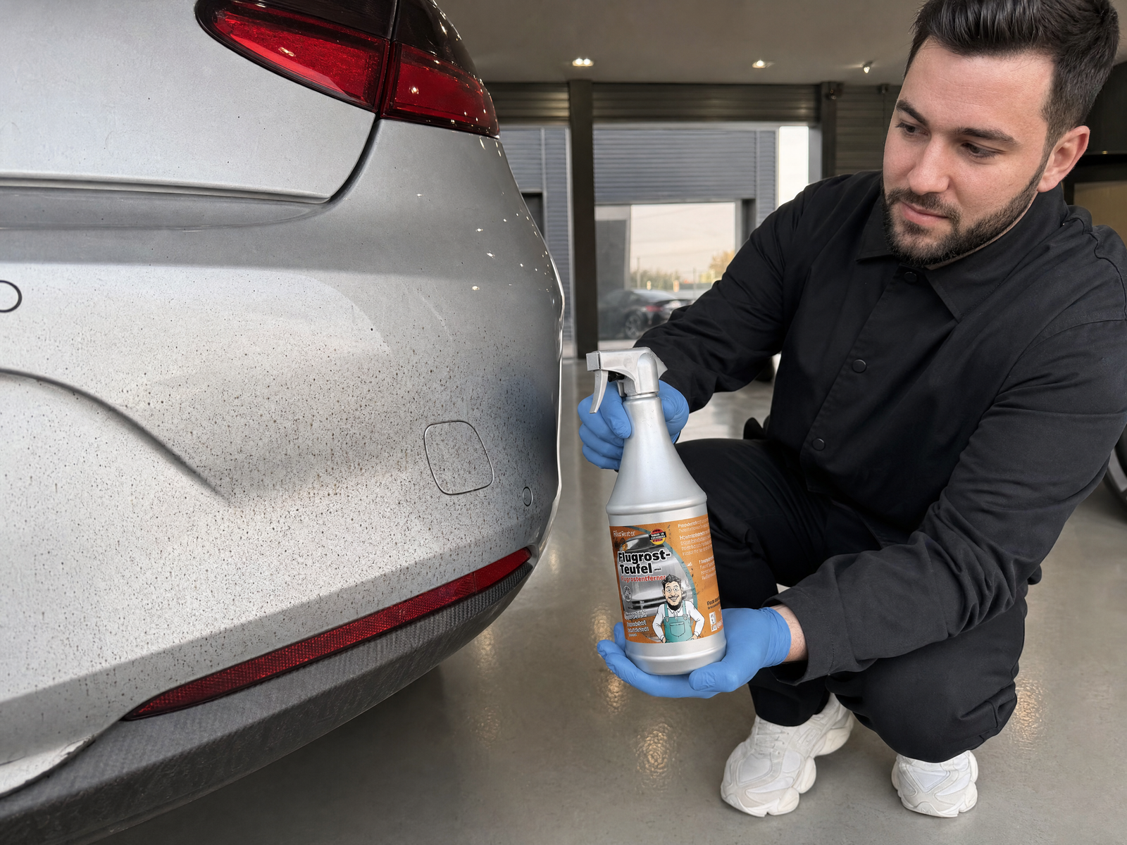 Daniel zeigt am verschmutzten Heck eines silbernen Sportwagens eine 1-Liter-Flasche TUGA Chemie Flugrost-Teufel — gezeigt im Artikel 'Flugrost am Auto: chemisch lösen statt schleifen'