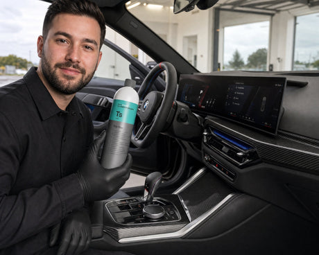 Daniel hält Koch-Chemie Top Star Ts an der offenen Fahrertür eines schwarzen BMW M2 — gezeigt im Artikel Kunststoffpflege fürs Auto innen