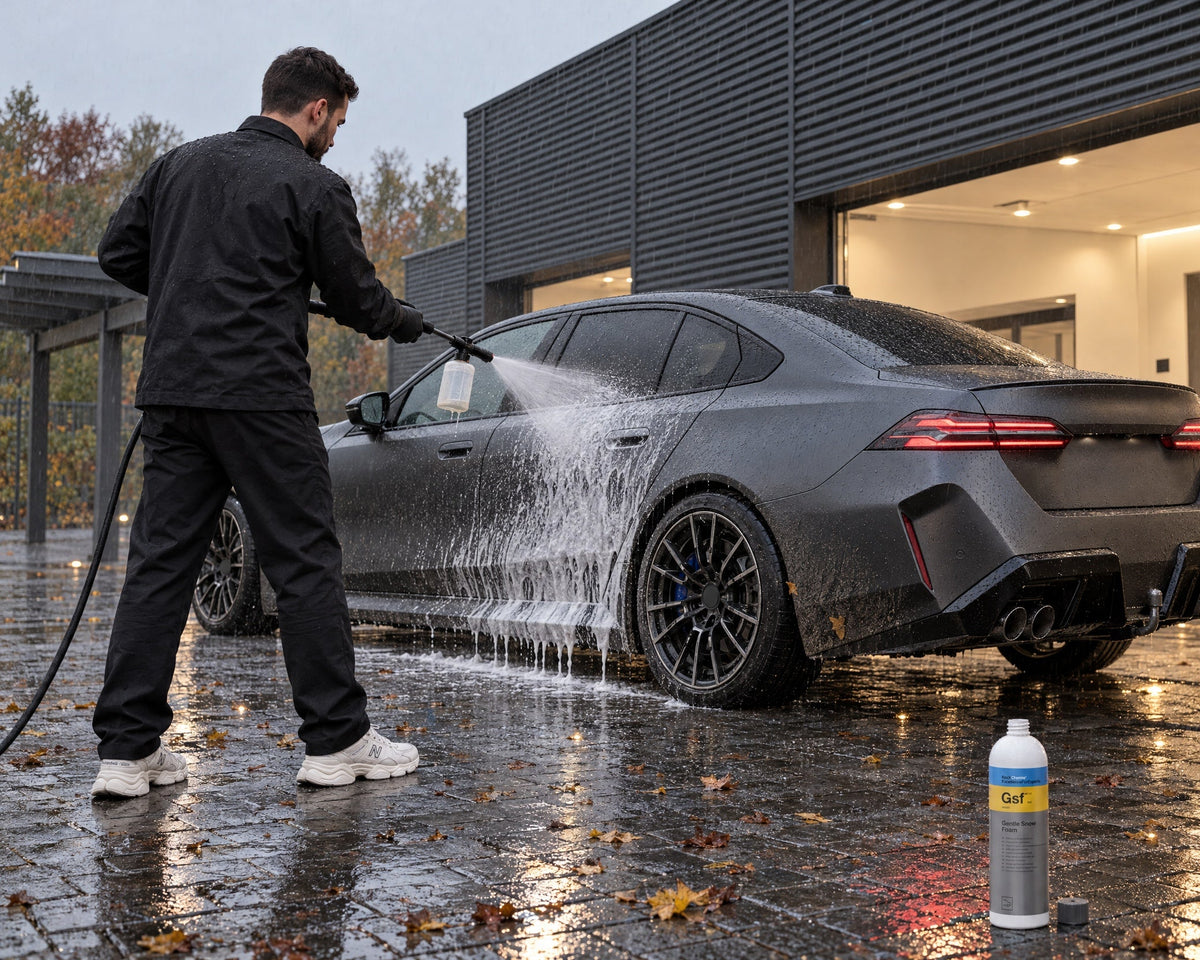 Detailing1 berlina in vernice opaca grigia sotto la pioggia, Daniel fa il prelavaggio con Koch-Chemie Gentle Snow Foam "Gsf"
