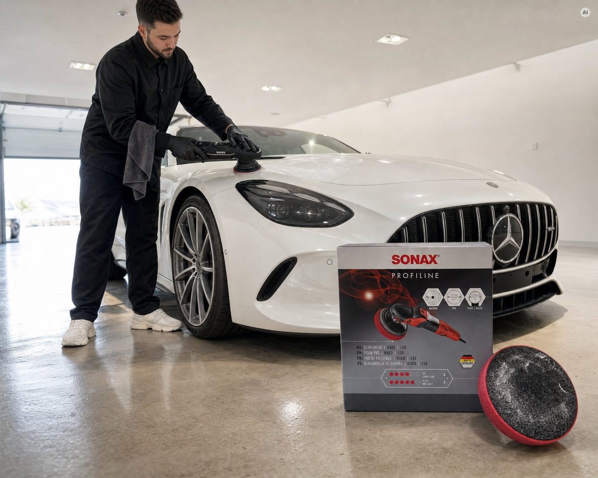 Detailing1 SONAX PROFILINE tampone in schiuma duro su roto-orbitale Rupes sul cofano di una Mercedes-AMG GT 63 bianca (desktop)