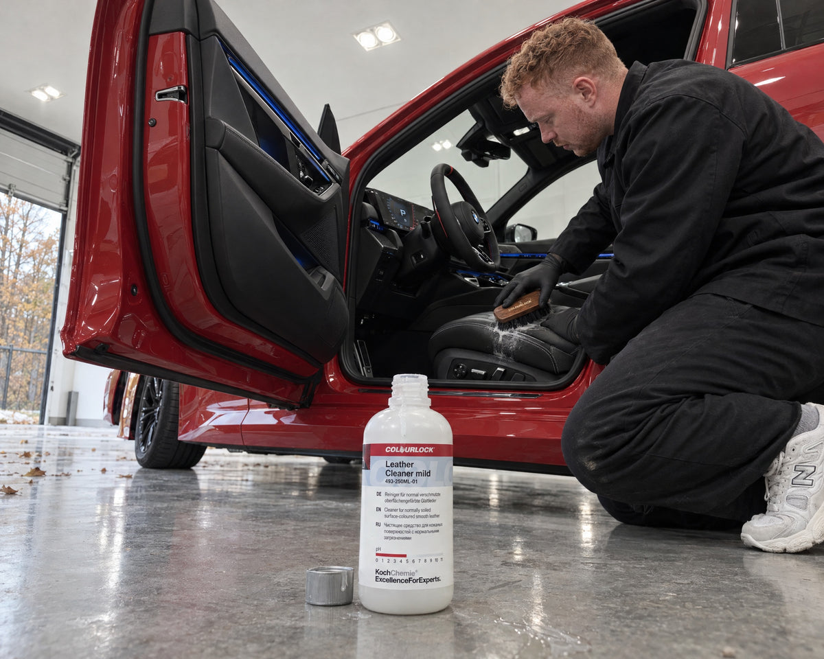 Detailing1 Hero: detergente pelle — pulire la pelle liscia di una BMW con COLOURLOCK Leather Cleaner Mild (Desktop)