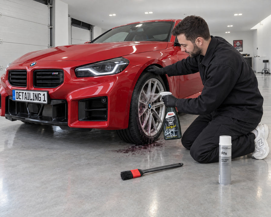 Detailing1 Spotlight: SONAX FelgenBeast, Koch-Chemie Felgenpinsel und Kcu-Reifenschaum am BMW M2 vor dem Radwechsel