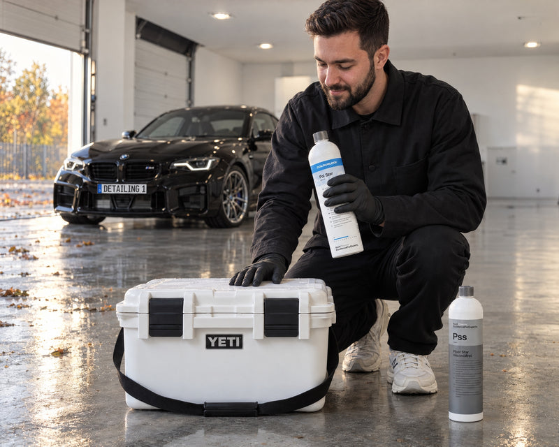 Daniel di Detailing1 con COLOURLOCK Pol Star accanto alla YETI LoadOut GoBox 30 e a Koch-Chemie Plast Star Pss, BMW M2