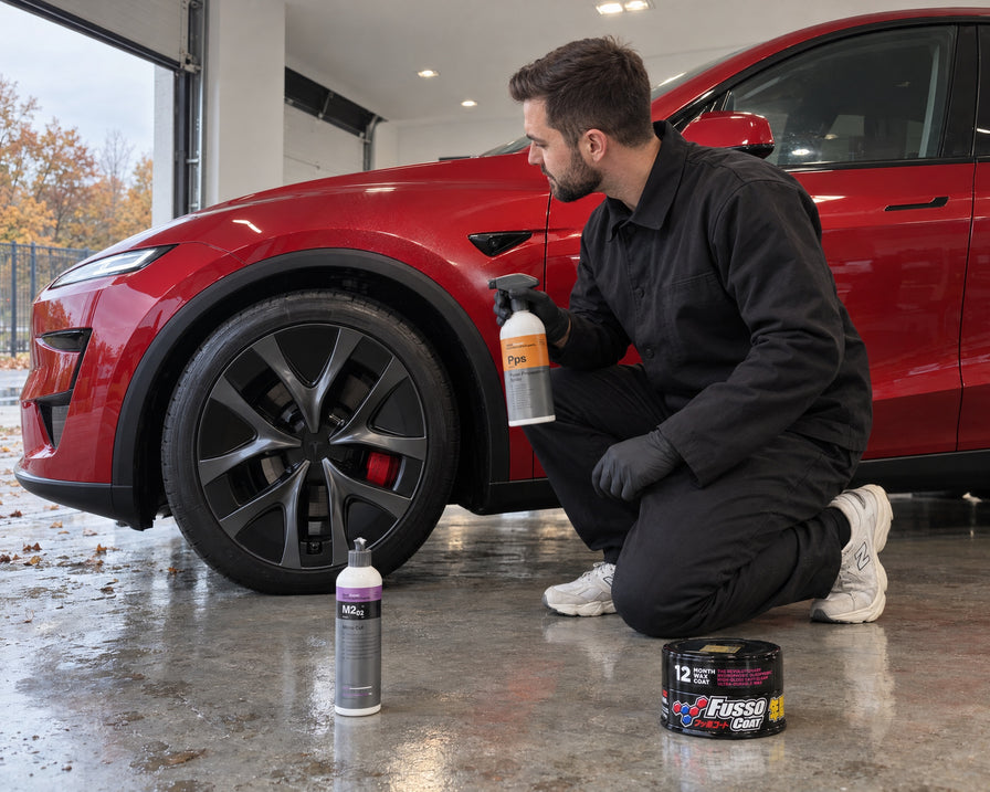 Detailing1 Spotlight: Koch-Chemie Micro Cut M2.02, Pps e Soft99 Fusso Coat a terra accanto a una Tesla Model Y rossa