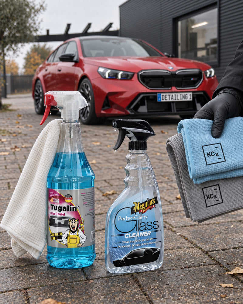 Tugalin Glas-Teufel, Meguiar's Perfect Clarity, GYEON GlassWipe EVO e Koch-Chemie Pro Glass Towel davanti a una BMW M5 — mostrato nell'articolo «L'auto si appanna dentro: perché un vetro pulito resta limpido più a lungo»