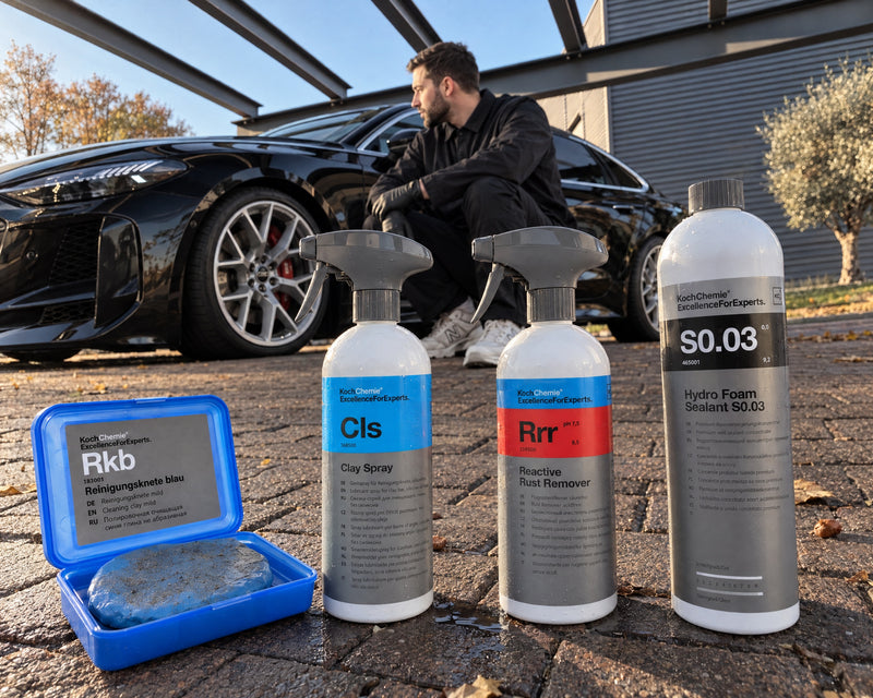 Detailing1 kit clay bar: Koch-Chemie Rkb, Clay Spray Cls, Rrr iron remover e S0.03 davanti alla Audi RS 5