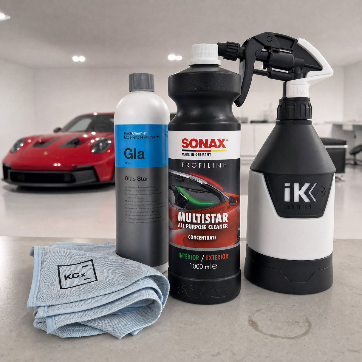 Detailing1 Auto-Reinigungsset "Innenraum" — SONAX PROFILINE MultiStar 1 Liter + Koch-Chemie Glas Star „Gla“ 1 Liter + Pro Gla