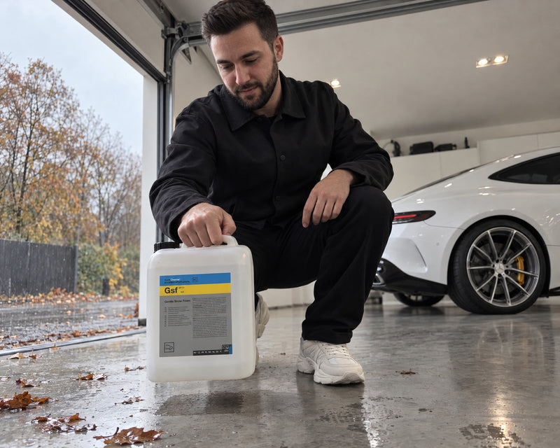 Detailing1 conservare i prodotti auto — Daniel solleva la tanica Koch-Chemie Gsf da 5 litri dal pavimento freddo