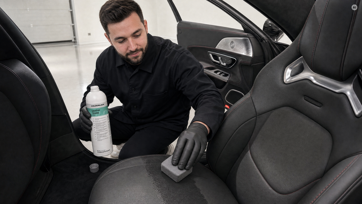 Applikator zieht eine Bahn über Neuleder — Echtleder-Versiegelung von COLOURLOCK bei Detailing1