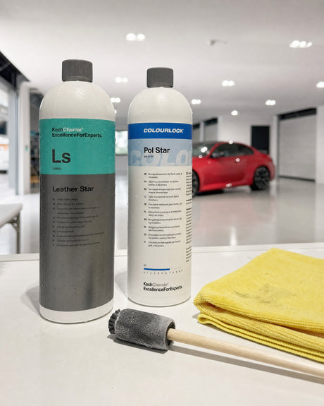Detailing1 Koch-Chemie Lederpflege-Workflow Leather Star, Pol Star, Application Pen, Mikrofasertuch — Setup nach der Lederpfl