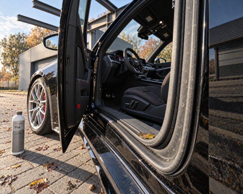 Koch-Chemie Plast Star accanto alla portiera aperta di un'Audi RS 5 con guarnizione impolverata e spenta prima del gelo